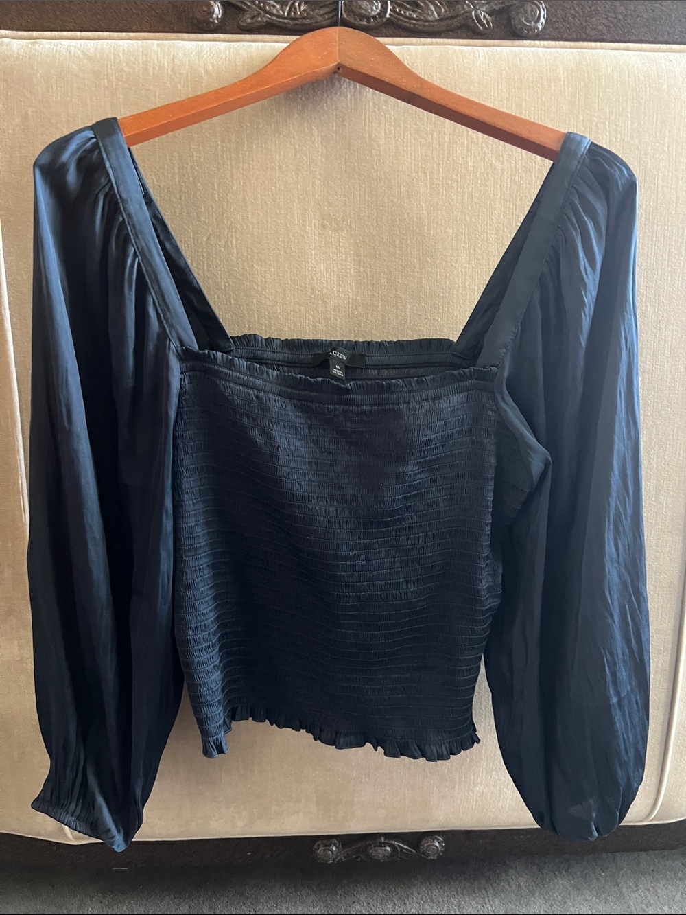 J. Crew Dark Teal Puff-Sleeve Square-Neck Smocked Top, medium